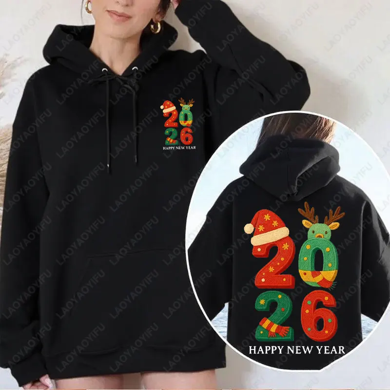 Hello 2026 Happy New Year Embroidery Cute Style Two Sided Women Hoody Happy Holiday Xmas Hat Elk Letters Graphic Simple Hoodies