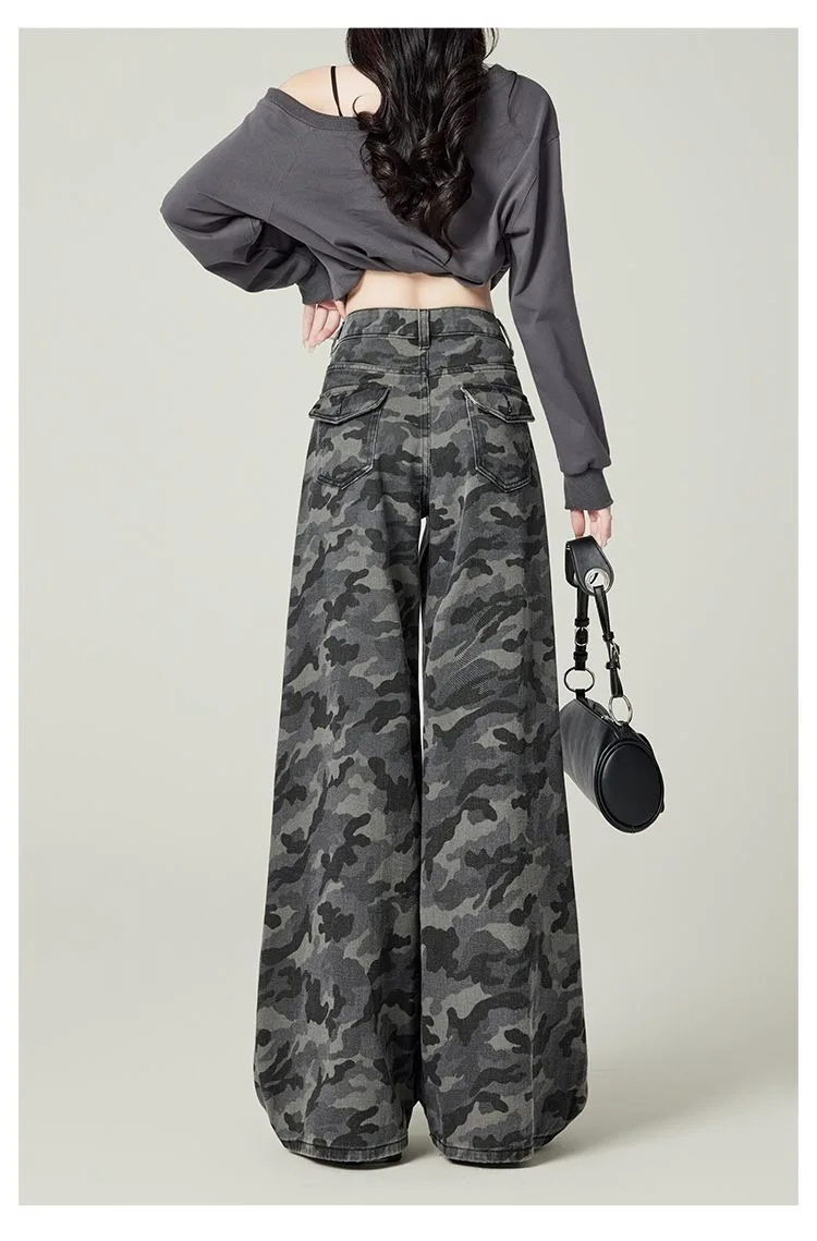 Y2K Übergröße Damen Graue Camouflage Cargo Jeans 2026 Frühling Herbst Hochgeschnittene Weite Hose Streetwear – Detail 14