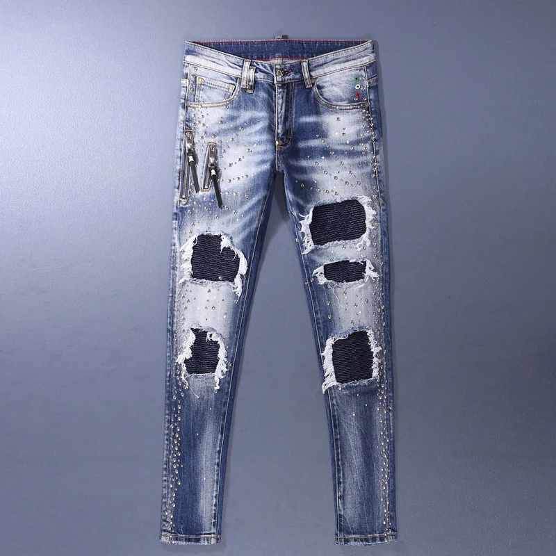 

Street Designer Fashion Men Jeans High Quality Retro Blue Stretch Slim Fit Patched Ripped Jeans Men Beading Hip Hop Brand Pants