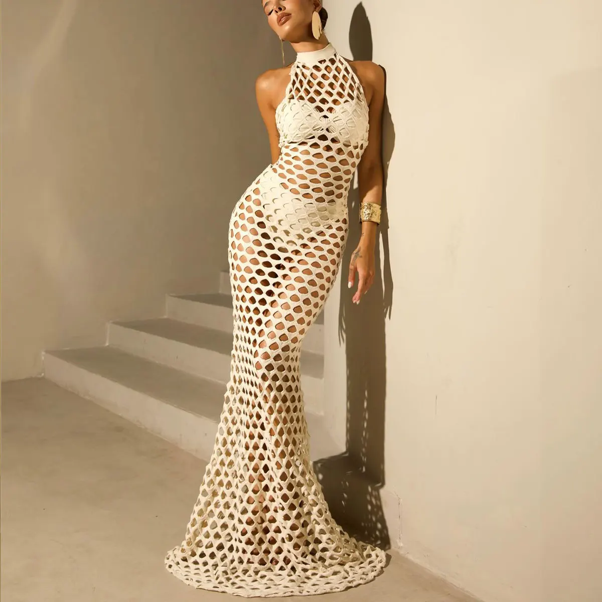 Solid Color 3PC Bikini Openwork Long Dress Cut Out Female Biquini Swim Wear Women Swimsuit Seaside Vacation Beach 2026 Fashion