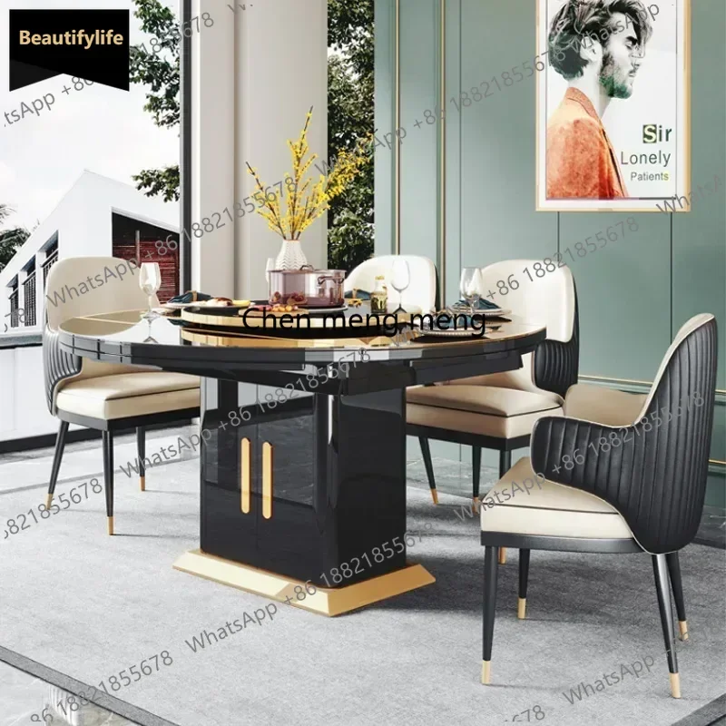 

Black Dining Tables Tempered Glass Smart Heating Modern Luxury Extendable Round Table Chairs Set 6 with Induction Hob Home-use c