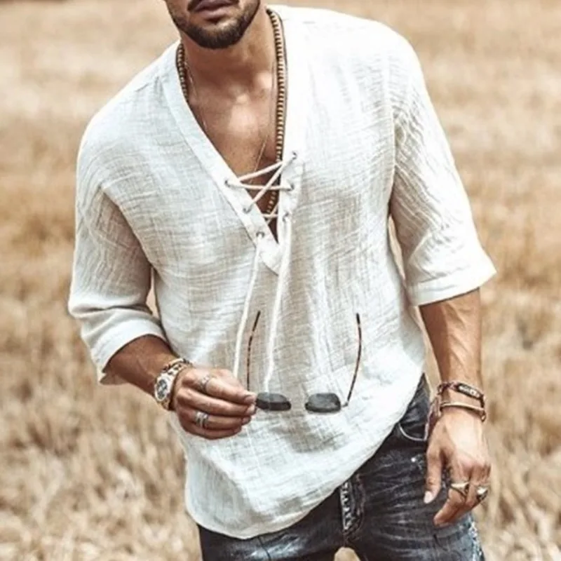

Mens Chest Tie Up Medium Sleeve T Shirt Casual Top