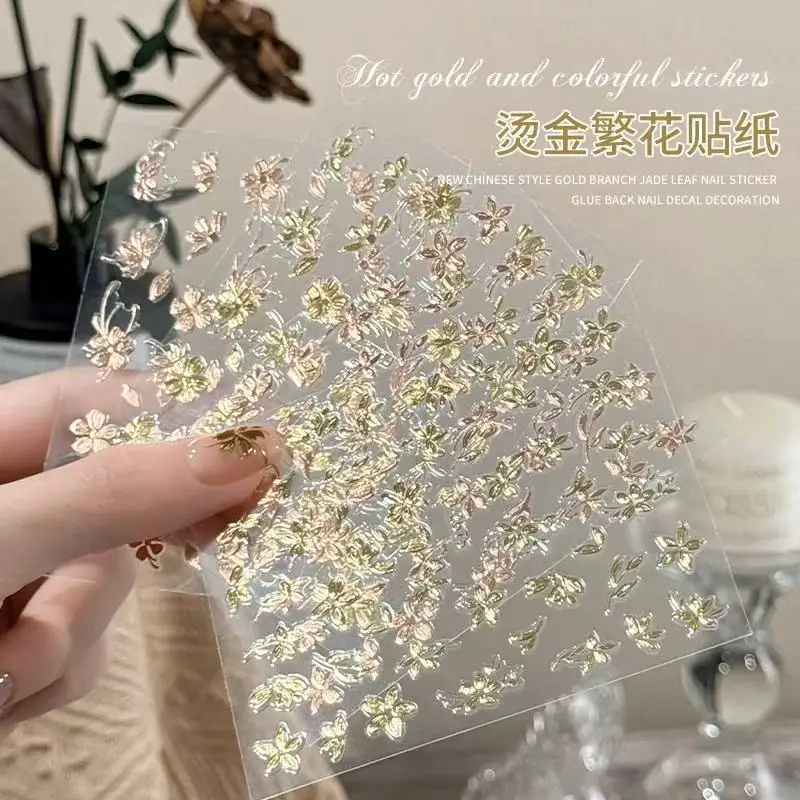 

3D Relief Vintage Floral Nail Stickers Camellia Gold Hand Painted Self Adhesive Decals for Manicure DIY Supplies