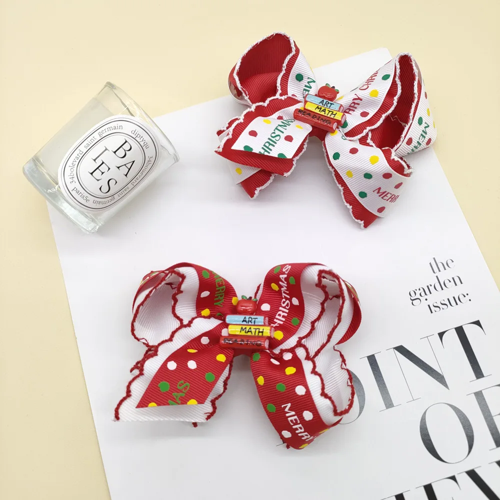 20pc Baby Girls Hair Accessories Cute Frill Bow Hair Clips 4.7' Christmas Letter Tree Print Barrettes Hairpins for Kids Bulk