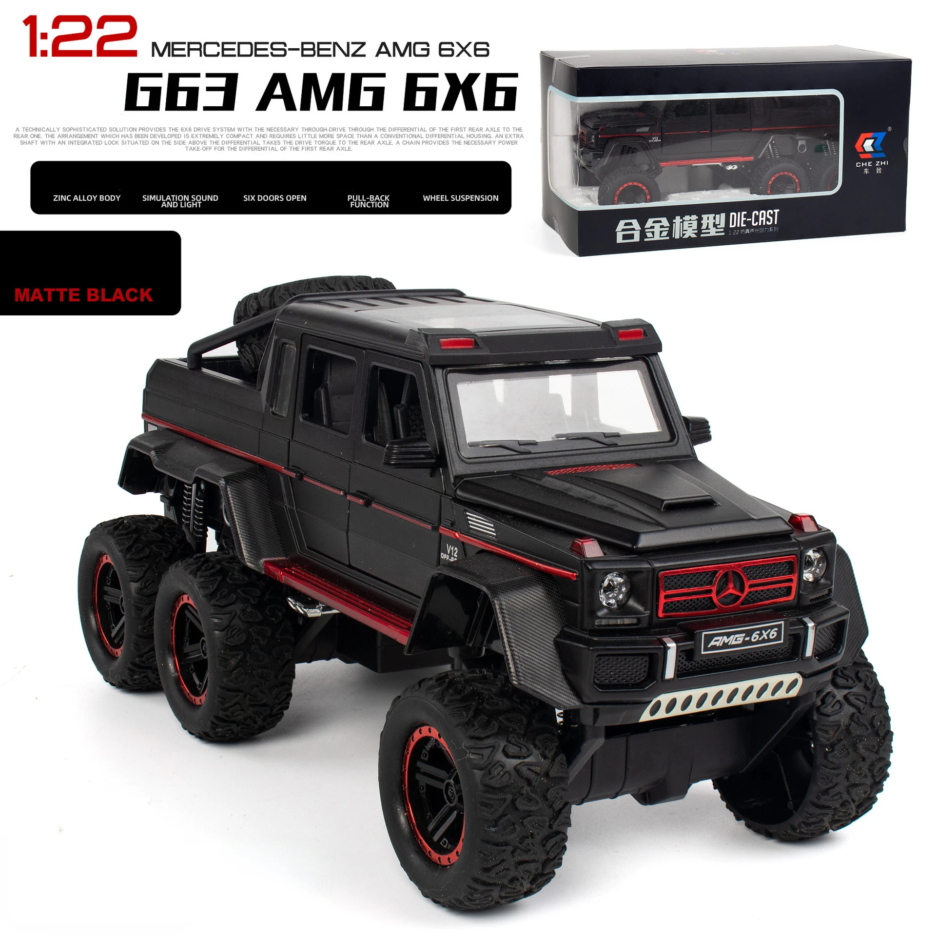 1:22 Mercedes-Benz G63 AMG 6X6 Pojazd terenowy SUV Alloy Model samochodu Diecast Symulacja Dźwięk Światło Zabawki Samochód Dzieci Prezenty A72