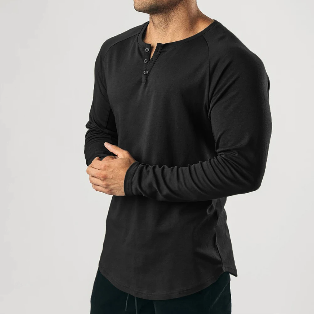 Mens Casual Long Sleeve T-shirt Henley Grandad V Neck Button Solid Tee Shirt Top Slim Fit Sports Training Elastic Tops