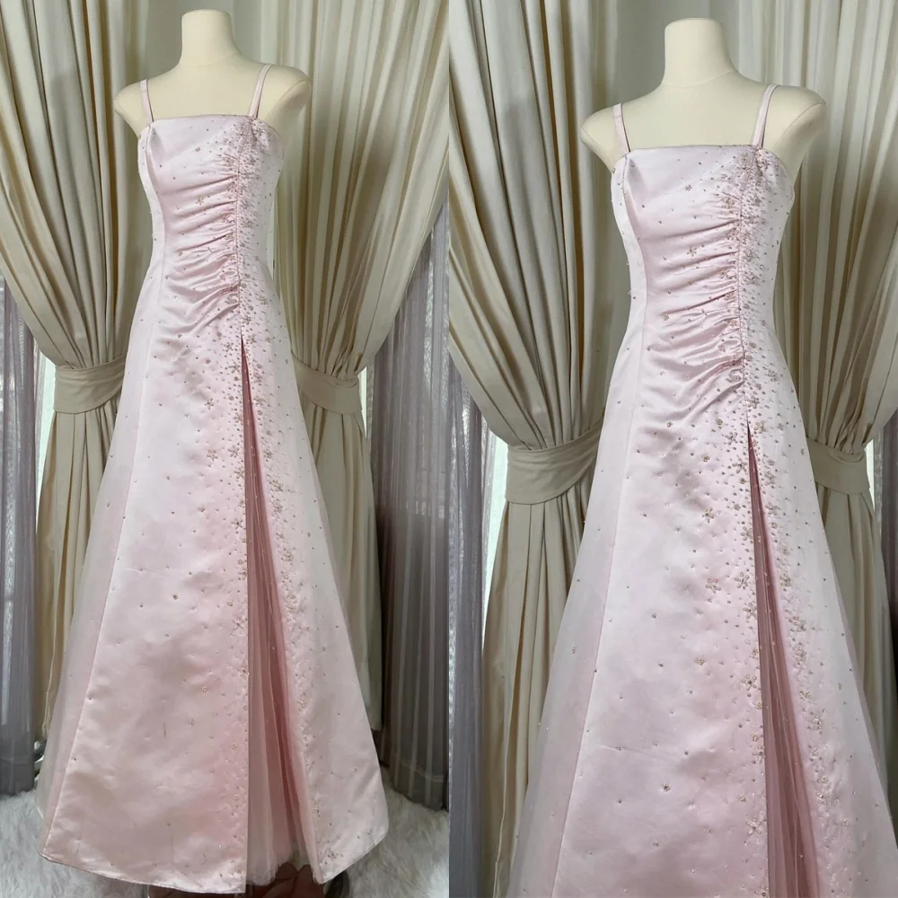 

Customized Elegant Pink Satin Evening Dress Classic Square Collar Spaghetti Straps Sleeveless Lace Up Back Homecoming Dress