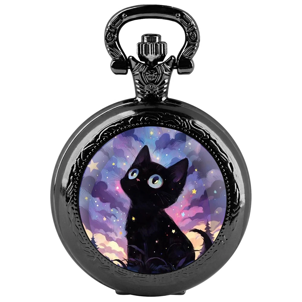 ساعة جيب كوارتز سوداء على شكل قبة زجاجية من Cat Under the Stars مع قرص أرقام عربية وسلسلة متينة هدية ريترو للرجال والنساء