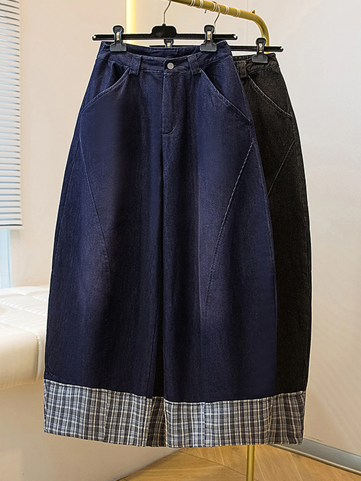 

Женские джинсы больших размеров в винтажную клетку, с высокой талией, прямые, широкие брюки-харлан, весенние, стройнящие, универсальные, эластичные