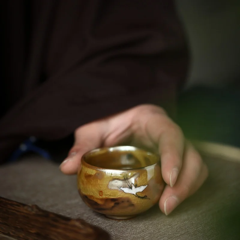 ★Jingdezhen Handmade Glazed Hand Painted Pastel Crane Cup Boutique Master Cup Firewood Burning Tea Cup Tea Set Tea Cup