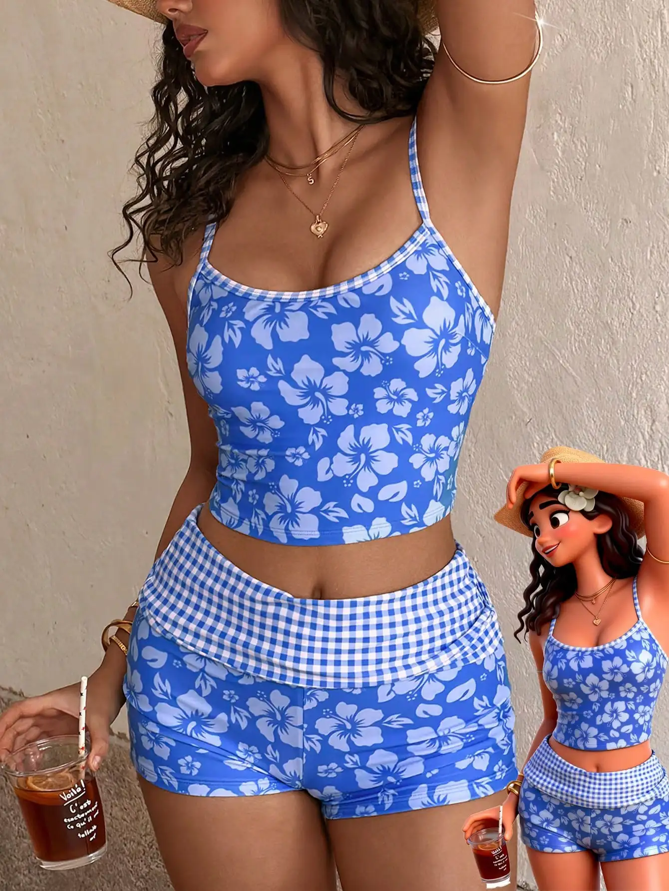 

Короткий топ и шорты с принтом синего гибискуса и отделкой в клетку, со встроенным бюстгальтером, для пляжа, отпуска, повседневного или уличного образа в стиле Y2K.