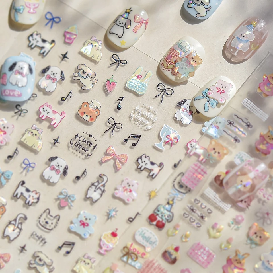 Schöne Tiere Katze Hund Bär Party Welpe Kätzchen Kuchen Schleife Blume Liebe Herz Spitze Gürtel selbstklebende Nail Art Aufkleber Maniküre Aufkleber