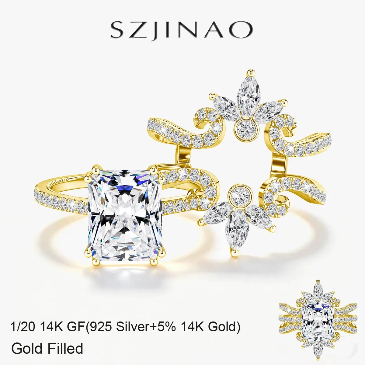14K Gold Filled 4CT Radiant Cut Bridal Ring Set with Symmetrical Leaf Design Stackable 2 Piece Engagement Wedding Ring for Women