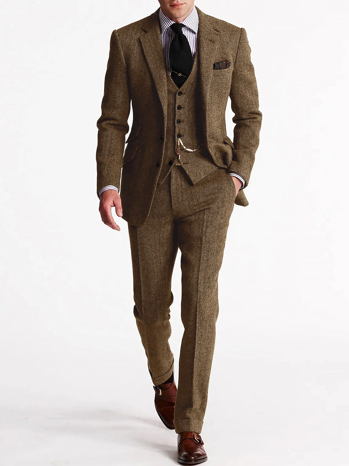 ANNIEBRITNEY Herringbone Tweed Suits for Men Slim Fit Tuxedo Man Suit Set Trajes De Hombre Anzug Herren Custom Made Men Suits