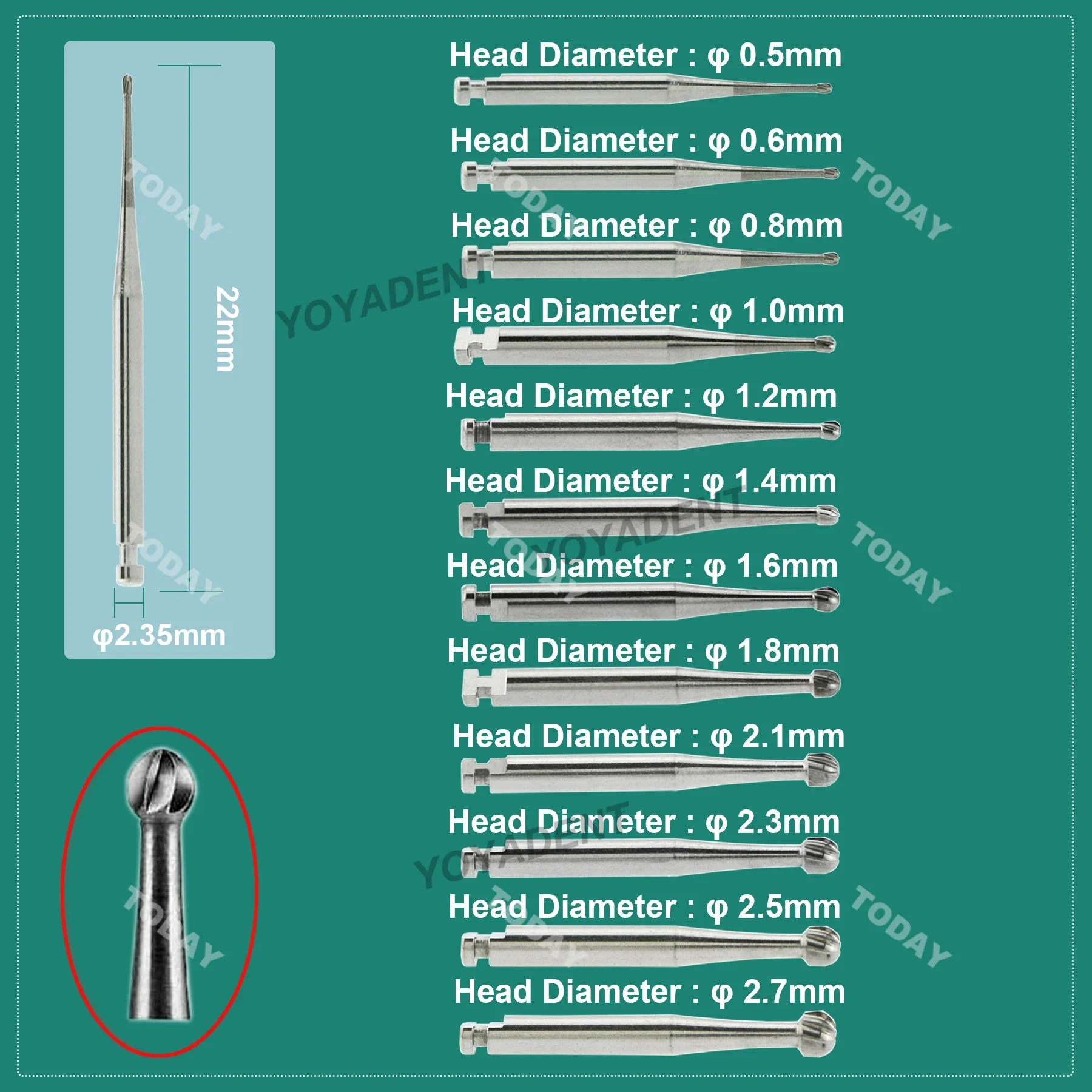 WAVE Carbide Burs Carbide Strawberries RA 2.35mm Round Ball Head For Low Speed Contra Angle 5Pcs/pack