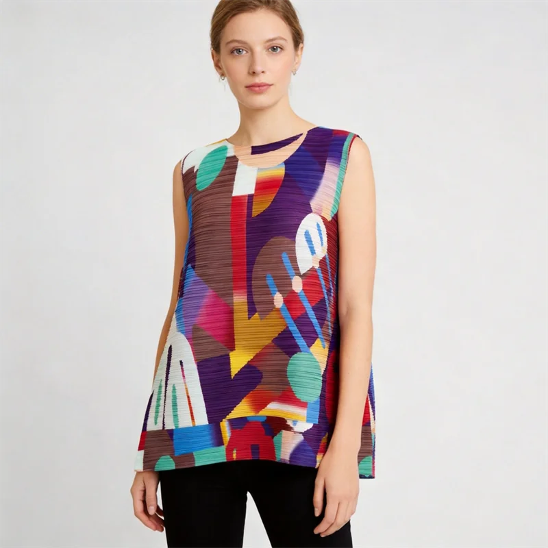 Miyake High-end Colorful Abstract Print Pleated Sleeveless Dress A-line Loose Fit Vacation Stylish Occasions