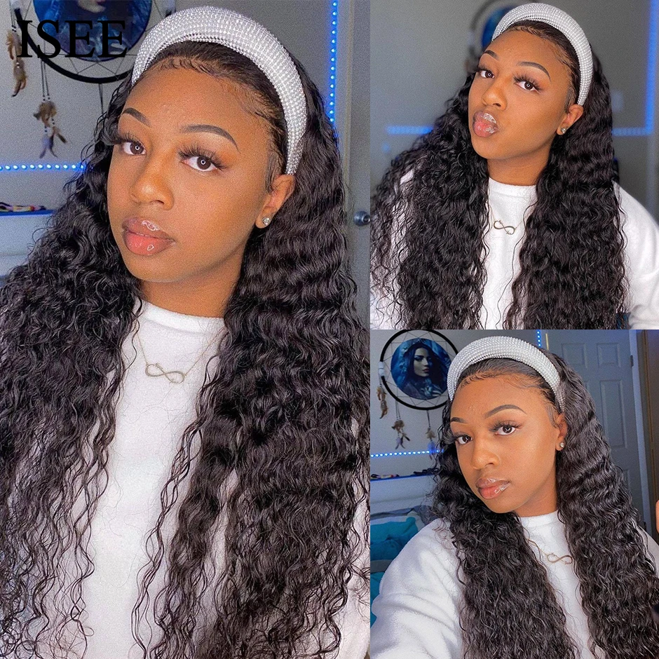 Brazilian Deep Wave Headband Wig Natural Hair 180% Density ISEE HAIR Deep Curly Headband Wig For Women Human Hair Wigs Scarf Wig