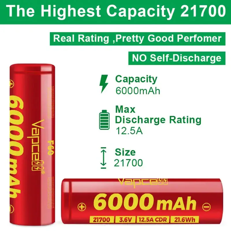 Original Vapcell F60 INR 21700 Battery 6000mAh High-capacity 21700 12.5A 3.6V Lithium Ion Battery For Flashlight Battery Pack