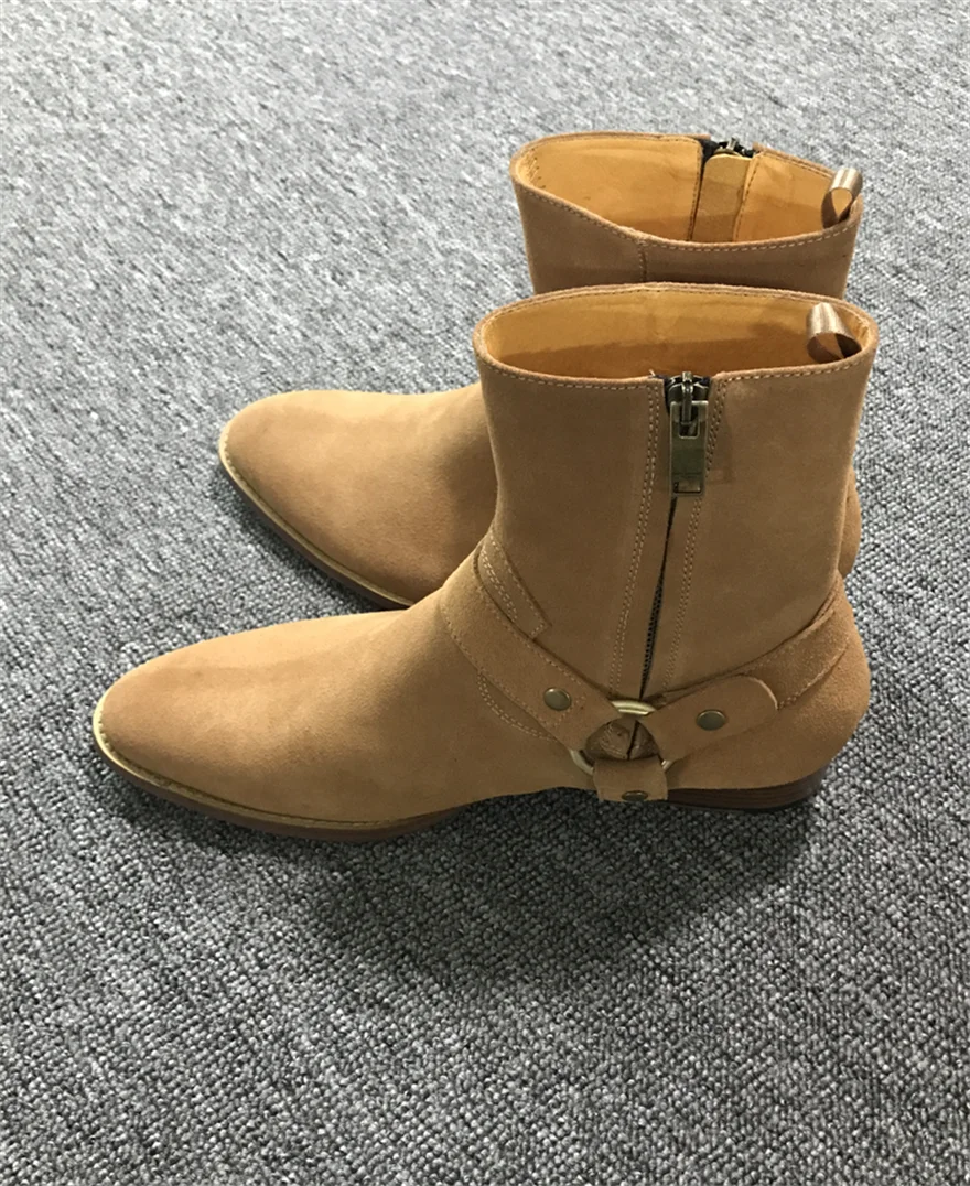 Factory Men Real Picture Leather Buckle Ring Strap Pionted Toe Chelsea style Gentle Men Boots