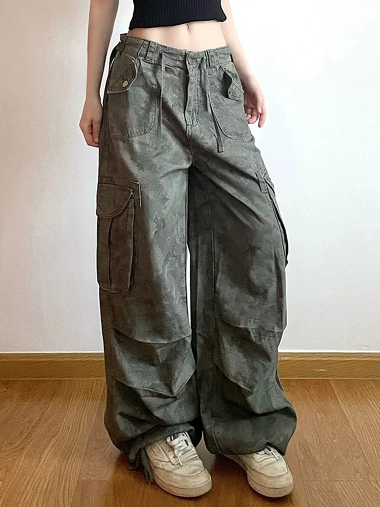 

Trendy Retro Camo Work Pants for Women Baggy Hip-Hop Jeans Distressed Denim Casual Pants Loose Fit Hanging Street Fashion