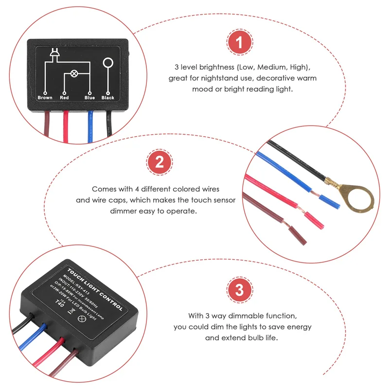 

A23E-сенсорный переключатель лампы, комплект из 2 шт., модуль управления сенсорной лампой для светодиодов с регулируемой яркостью, лампочки, сменный комплект переключателя лампы с колпачками для проводов