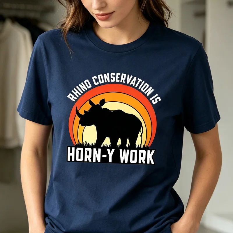 Funny Rhino T Shirt Is Horn-Y Work Vintage Sunset Silhouette Print Tee Casual Cotton Short Sleeve Streetwear Men Women Y2k Top
