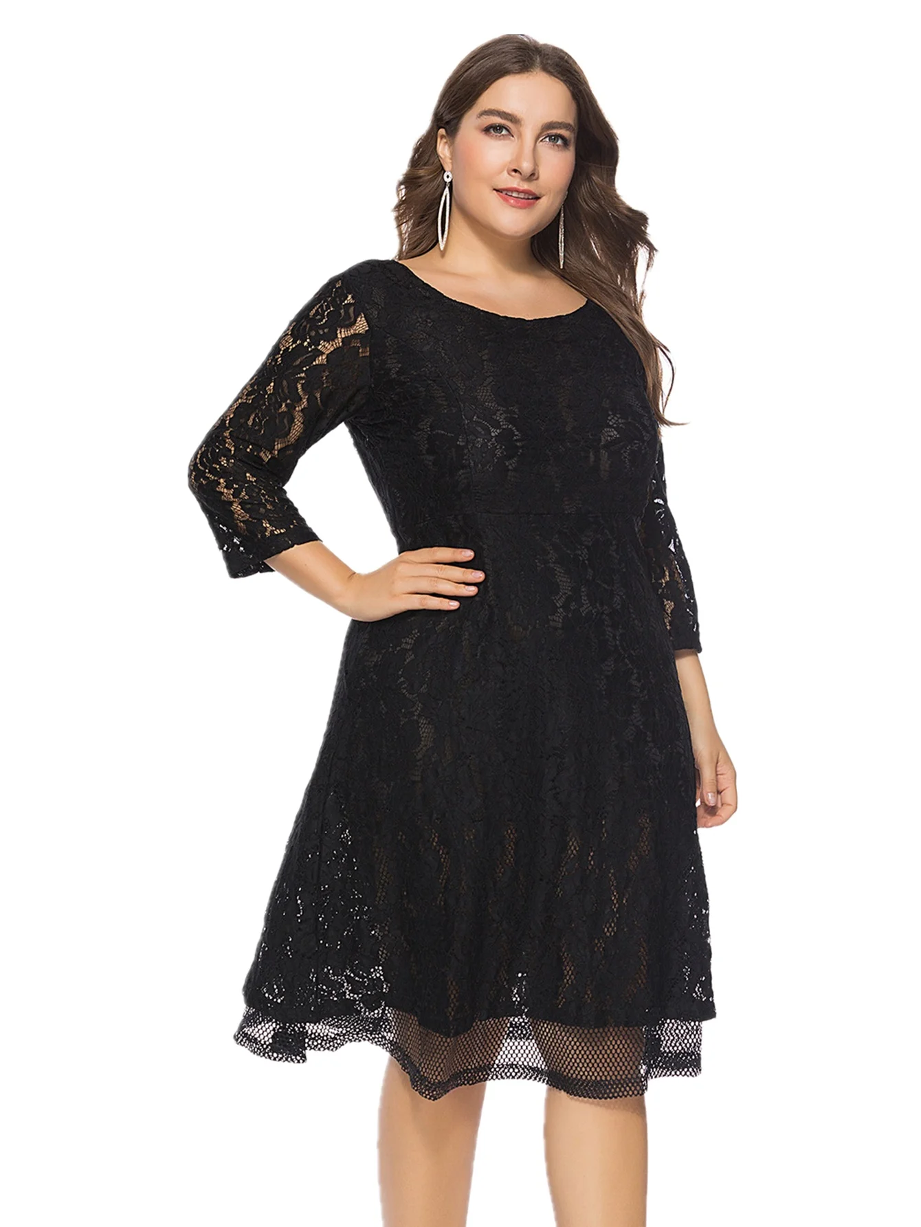 Plus Size New Arrival czarny kolor O dekolt rękaw 3/4 imprezowa wieczorowa, formalna koronkowa sukienki Midi dla kobiet