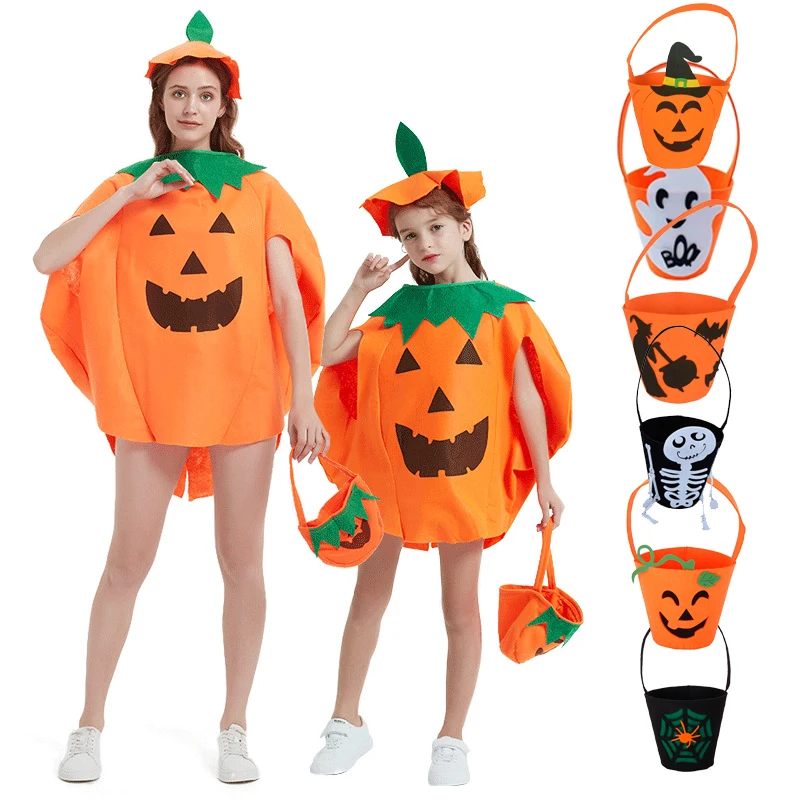 Halloween Party Pumpkin Costume with Hat Handbag Ghost Pumpkin Witch Trick or Treat Candy Bag for Children Adult Cosplay Suits