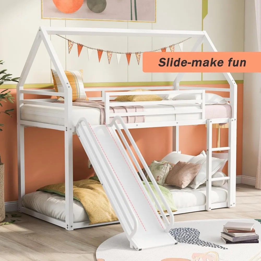 Heavy Metal House Low Bunk Bed with Slide & Ladder Twin Over Twin, Montessori Floor Bunk Bed Frame with Full-Length Guardrail