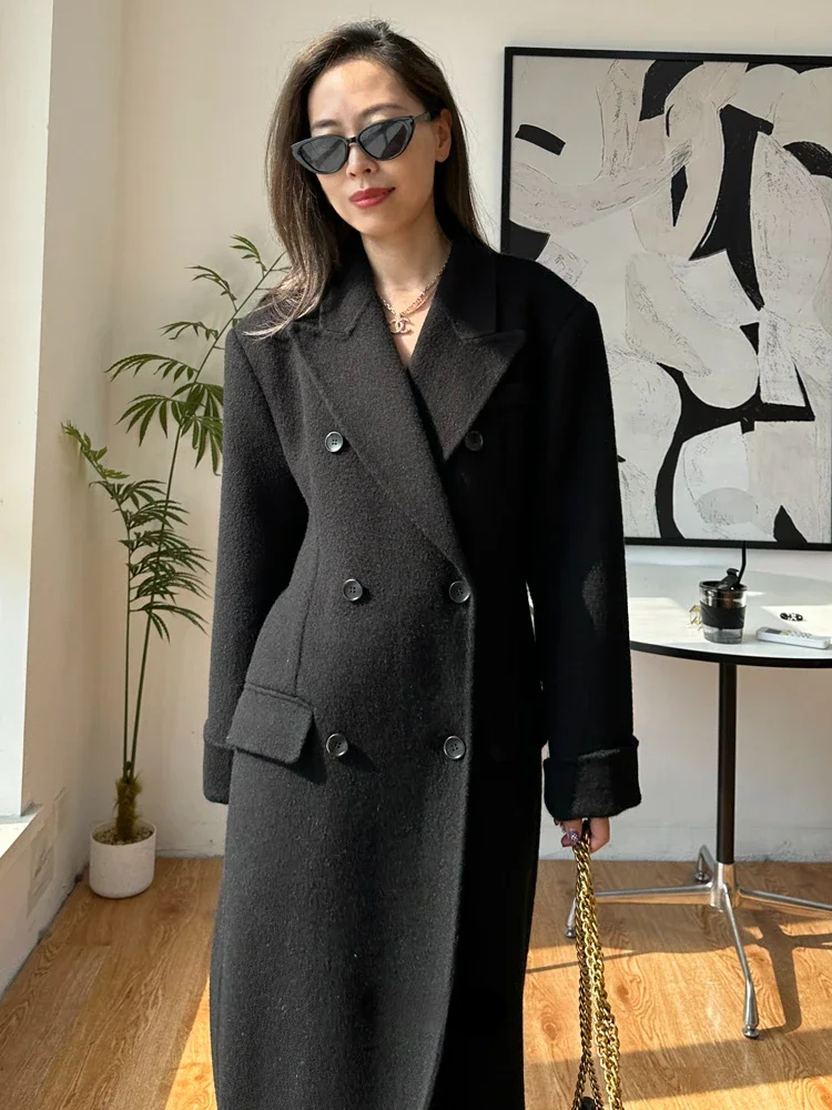 

High-end Black Women Double-sided Wool Cashmere Overcoat Temperament Loose Double Breasted Woolen Coat Slim Tide Autumn Winter