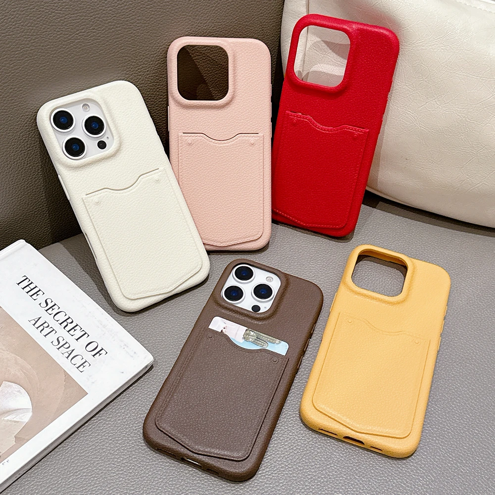 Matte Lychee Leather Card Slot Bag Holder Wallet Case For iPhone 16 14 Pro Max 11 12 13 15 Plus Soft Silicone Shockproof Cover