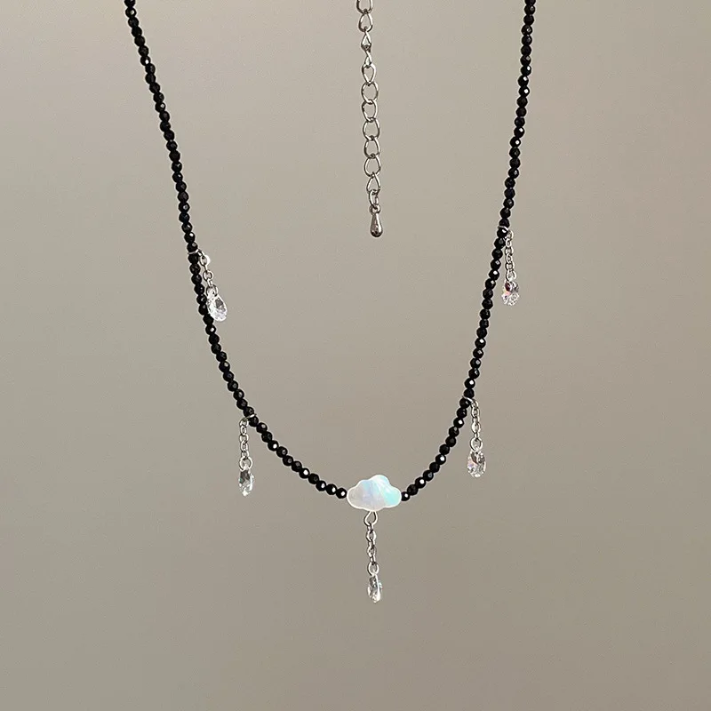 

Minar Creative CZ Zircon Water Drop Tassel White Cloud Pendant Necklaces for Women Girls Black Crystal Strand Beaded Chokers