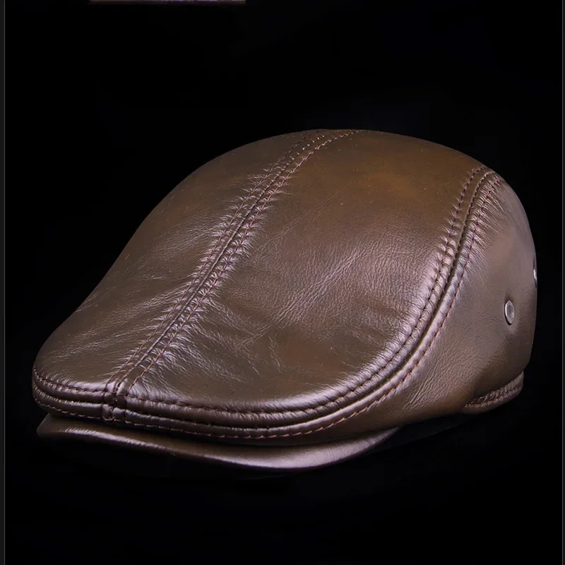 メンズ本革野球帽-プレミアム牛革-秋冬新作-海寧産-耳当て付き-アウトドア用