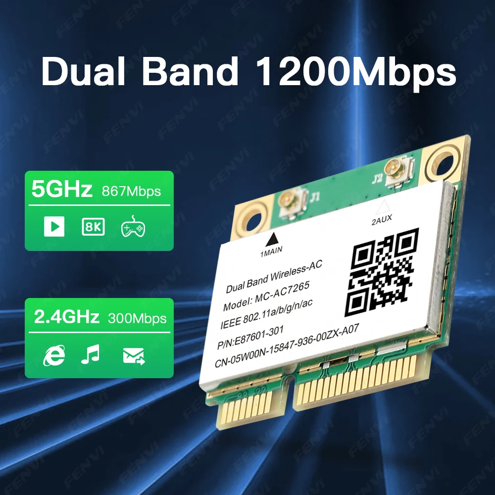 AC1200 Mini PCI-E WiFi Card MC-AC7265 Dual Band 2.4G/5GHz Bluetooth 4.2 Network Adapter 1200Mbps for Windows 7/10/11 Laptop PC
