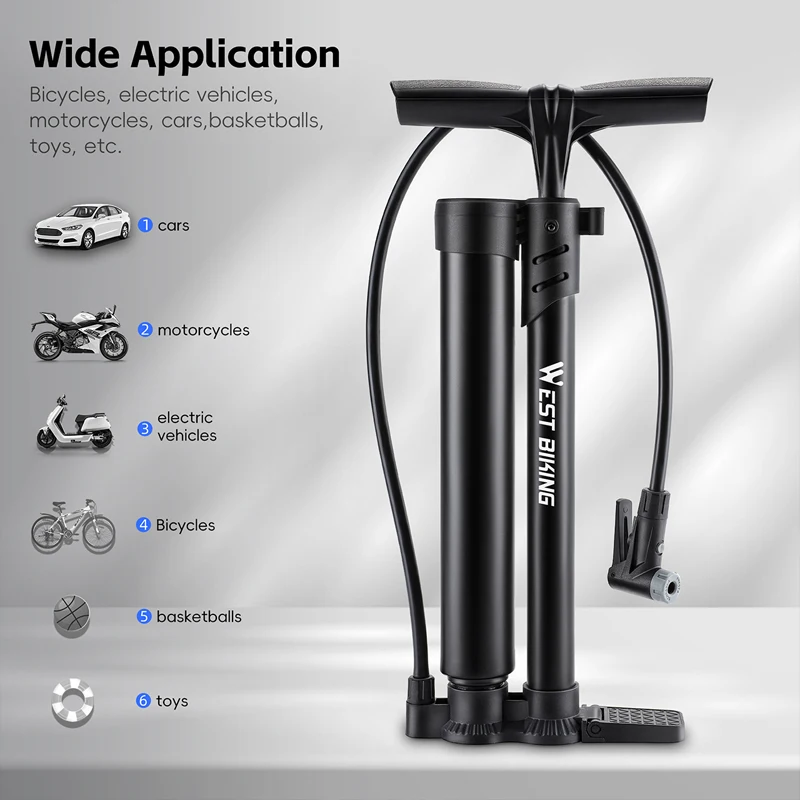 WEST BIKING 160PSI Bicycle Pump Portable Fast-Inflation Blast Pump With Gauge Presta&Schrader Valve E-Bike MTB Road Bike Pump
