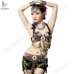 Tribal Costumes Vintage Women Belly dance Bra Belt pants Set Tribal Gypsy Hip Scarf Handmade Coin Stage Performance