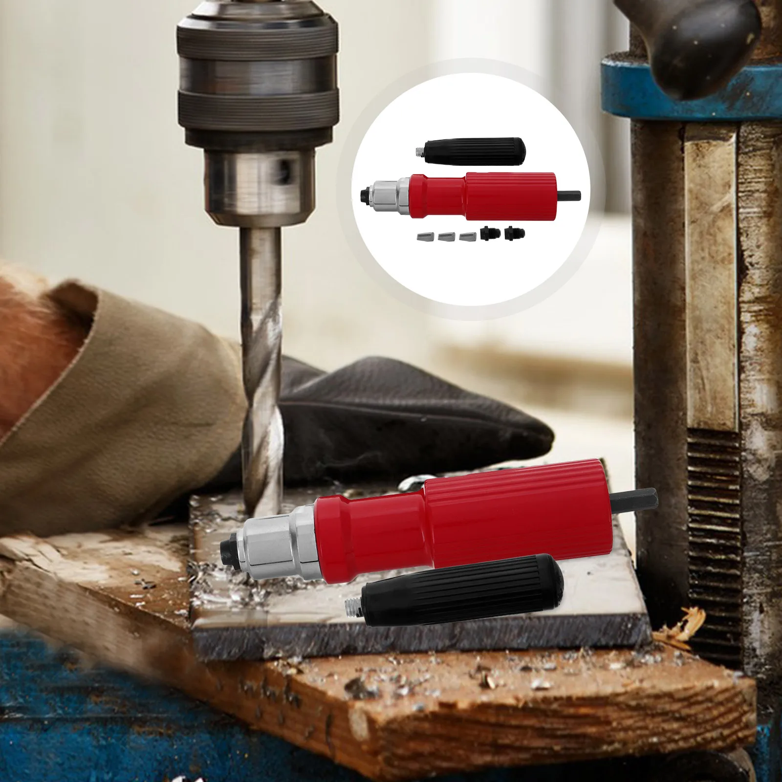 

Адаптер для дрели с заклепками и гайками, электрический красный прочный клепальный инструмент, трехсекционная конструкция, гладкая без заусенцев, быстро втягивающая дрель