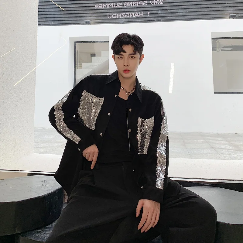 

Stylish Korean Version Men's Shirt Sequin Patchwork Bright Surface Spring Autumn Outerwear Stage Costume Youth Trendy