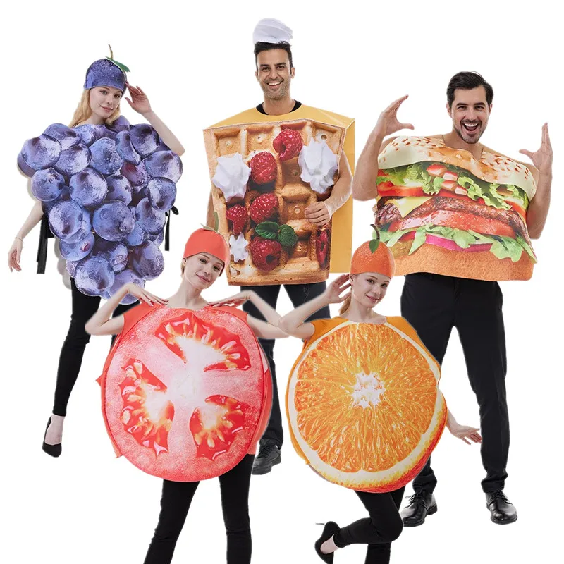 Disfraz de Halloween divertido de comida, verduras y frutas, con diseño de Uva, Naranja, Tomate, Hamburguesa, para fiestas, actuaciones y escenario, para mujer, de poliéster F...