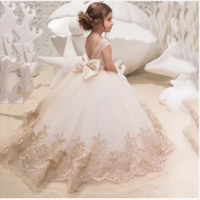 

Champagne Flower Girl Dress Applique V Back Bow Lace Children Girl Wedding Birthday Party First Communion Holiday Gown