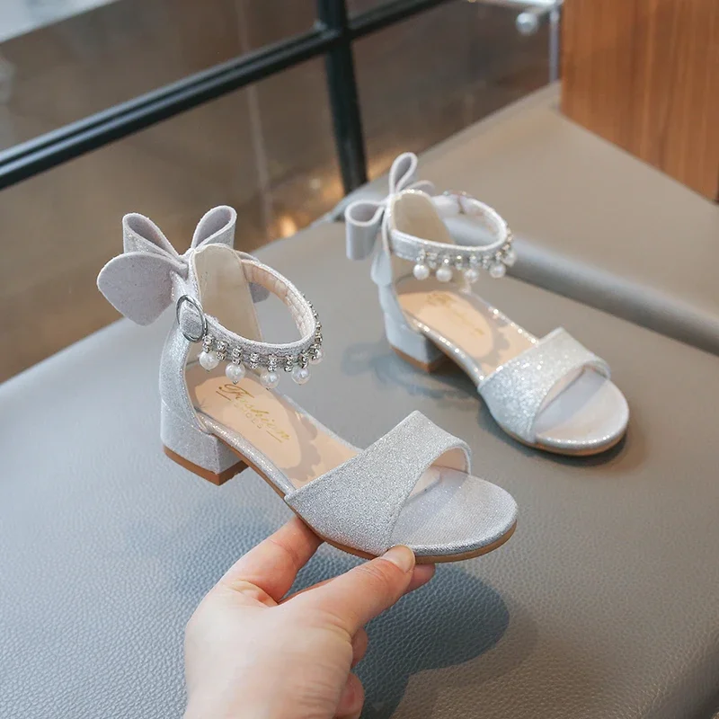 Children's Fashionable Open-Toe Sandals Rhinestone Bow Performance Shoes for Girls Ages 3–18 High-heeled Shoes for Kids Sandals