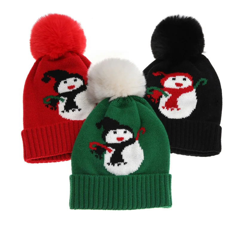 

Baby Knitted Hat Pompom christmas Beanie Cap Winter snowman jacquard Warm Hat