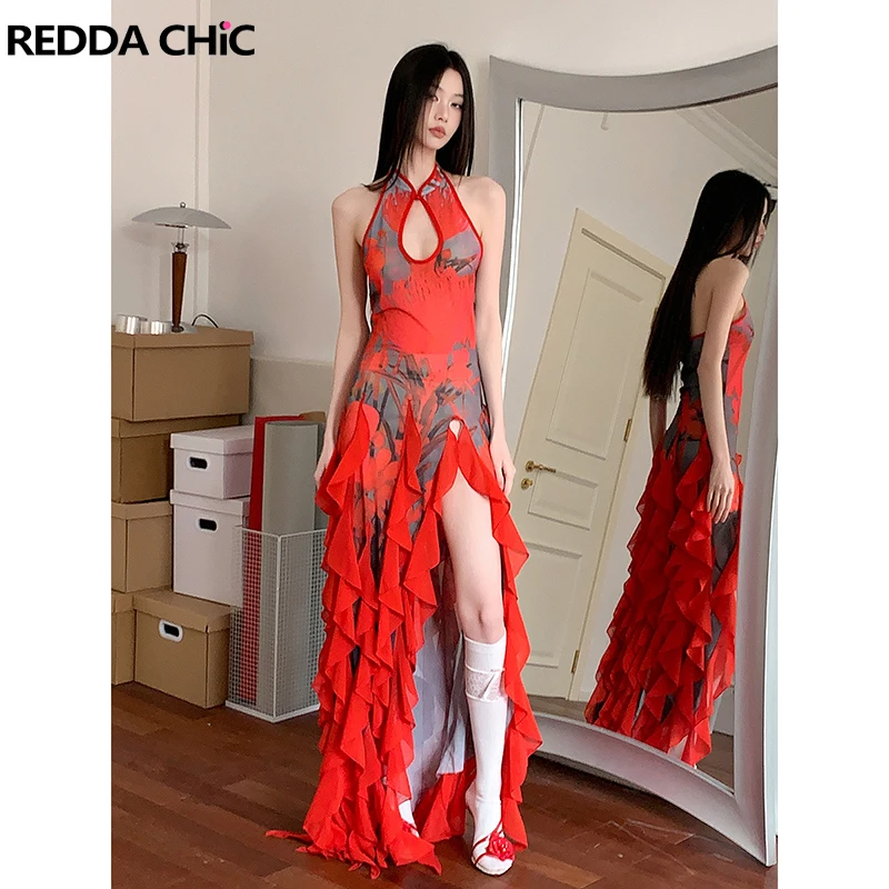 ReddaChic 女性花柄メッシュレッド袍ドレスオフショルダー背中の開いたカットアウトフリルスリットチャイナウエディングパーティー夏服