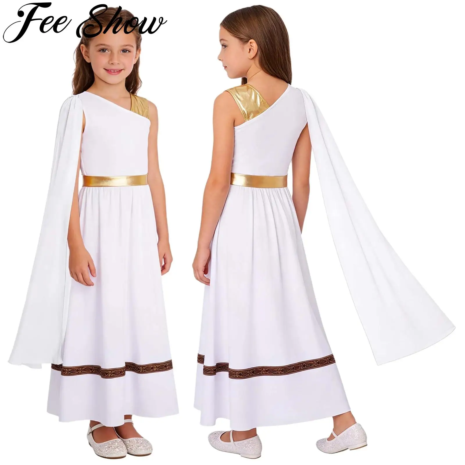Kinder Mädchen Halloween Antike Griechische Römische Athene Göttinnen Cosplay Kostüm Ärmelloses Schal-Cape Prinzessinnen-Toga-Kleid Anbetungsrobe
