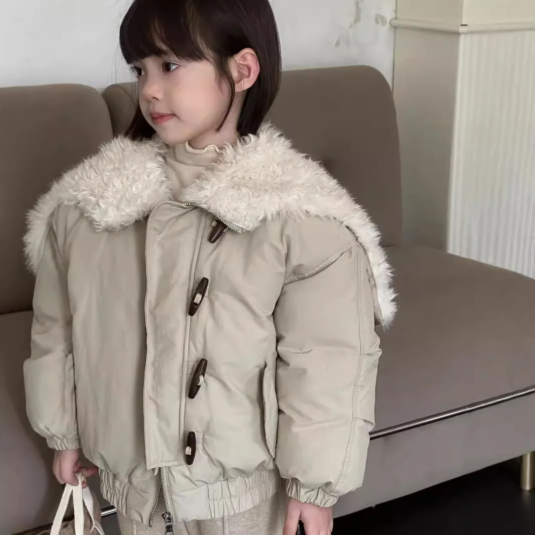 Girls Coat 2024 Winter New Childrens Wear Korean Baby Girls Foreign Style Loose Thick Design Sense Hooded Coat Casual Simple