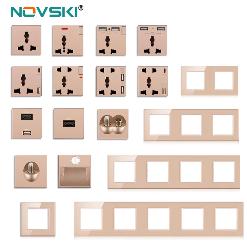 novski wall mount module diy European standard golden glass panel socket switch button free combination function