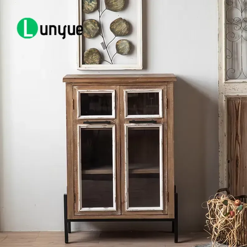 Vintage Farmhouse Wooden Buffet Cabinet with Glass Door and Metal Legs Storage Locker Sideboard for Living Room Furniture