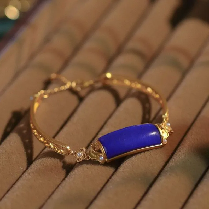 

Ancient gold crafts lapis lazuli bracelet for women Original design inlaid pearl elegant and exquisite blue bangles jewelry