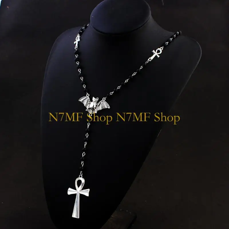 N7MF ANKH BLACK ROSARY BADS BAT NETLACE GOTHIC LONG SWEEAT JOLLEYRY #1