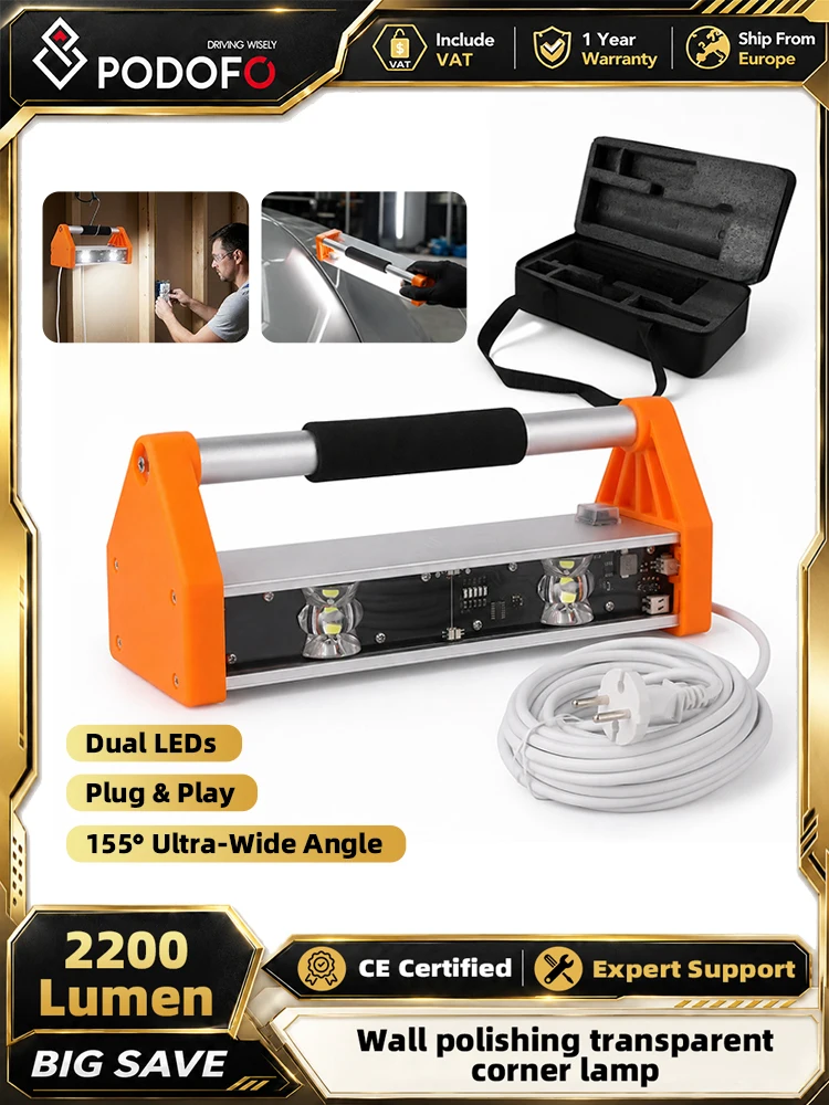 Podofo 2200 Lumen Doppelwandige Polier-Arbeitsleuchte 155 °   Ultraweitwinkel-Doppel-/Dreifach-LED-Inspektionslampe für Lacke, Trockenbau-Schleifstrahler mit 8M Kabel,